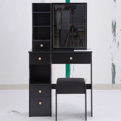 29.2" Small Space Left Drawer Desktop Vanity Table + Cushioned Stool, Extra Large Right Sliding Mirror, Multi Layer High Capacity Storage, Practical Fashionable Dresser, Suitable For Small Space