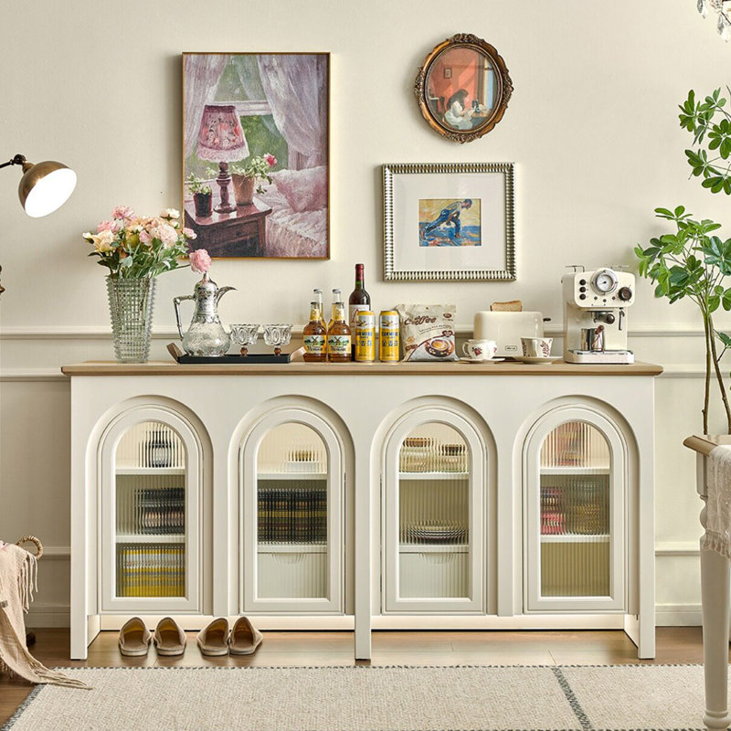 Console de rangement rétro avec portes en verre arquées et tablettes divisées intégrées, buffet de rangement polyvalent pour le vestibule, le couloir et le salon