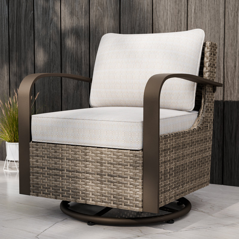 Beige and Brown Steel Wicker Swivel Rocking Chair with Cushions