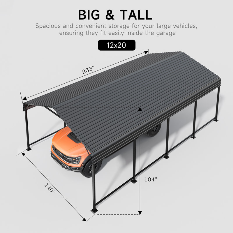 Metal Carport Steel Car Canopy and Shelter, Heavy Duty Carport for Cars, Boats, and Tractors, , 9.67' H x 19.83' W x 19.42' D