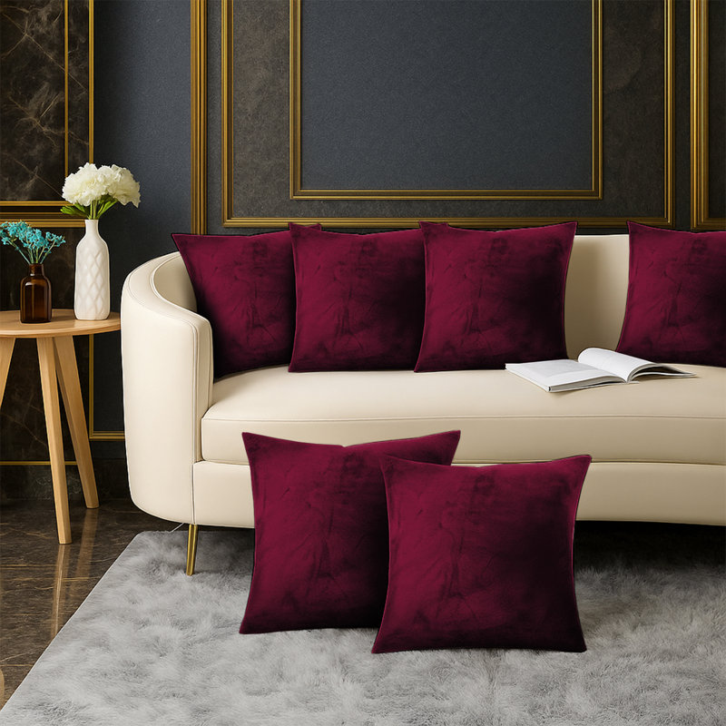 Elegant Decorative Throw Pillow Case For Sofa, Couch & Bedroom -Set Of 6, Burgundy