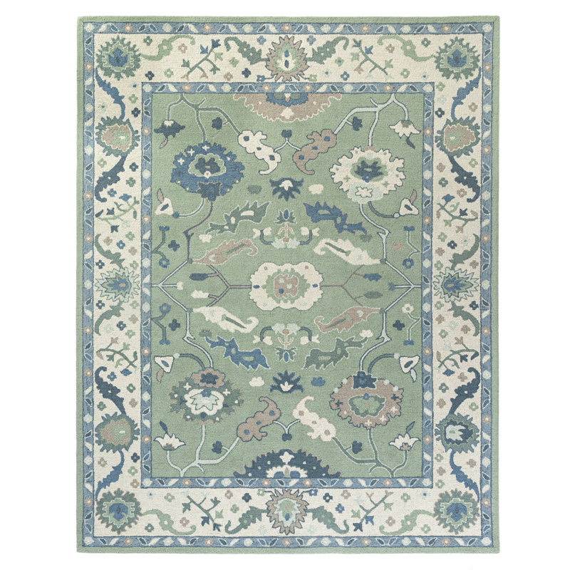 Tapis d'intérieur en laine fait à la main Junibrae Farmhouse, Vert/crème, 9 pi x 12 pi