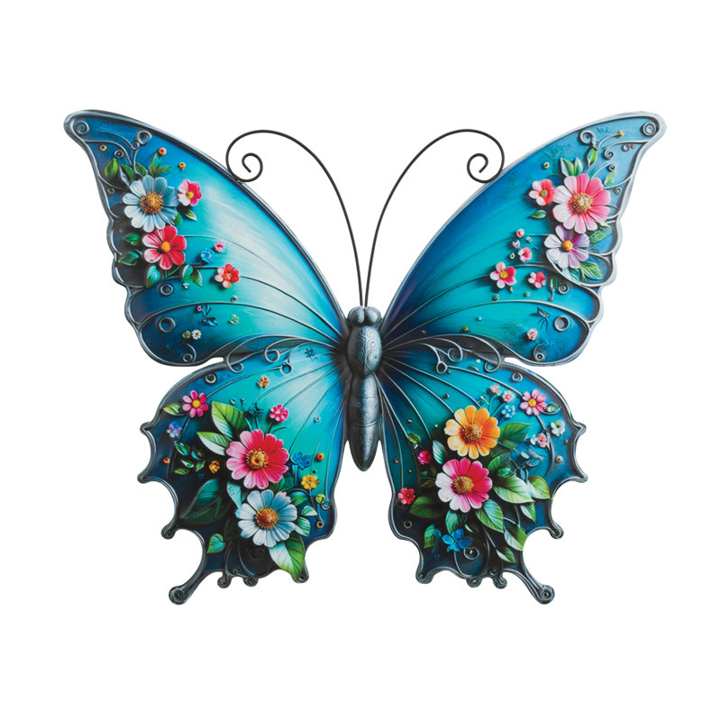 Décoration murale papillon en verre et métal 20 po Garden Vibe, Blue Floral, Grand