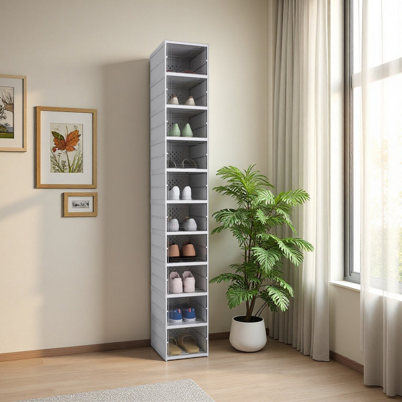 Boîtes à chaussures empilables en plastique, paquet de 10 boîtes de rangement pour chaussures pliables avec porte transparente, sans assemblage, taille 10