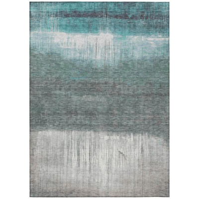8' X 10' Teal Blue And Gray Abstract Washable Indoor Outdoor Area Rug
