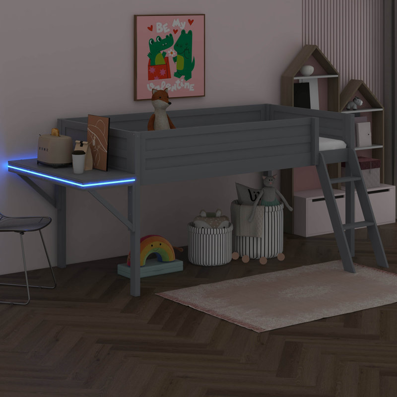 Lit mezzanine simple avec bureau, structure de lit mezzanine en bois massif avec lumières DEL, échelle et clôture, aucun sommier nécessaire