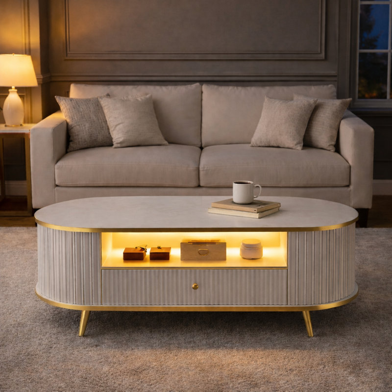 47.2" Modern Oval Coffee Table with LED Lights, Fluted Coffee Table with Storage Drawer, Curved Profile with Gold Metal Legs, Center Table for Living Room, White & Gold