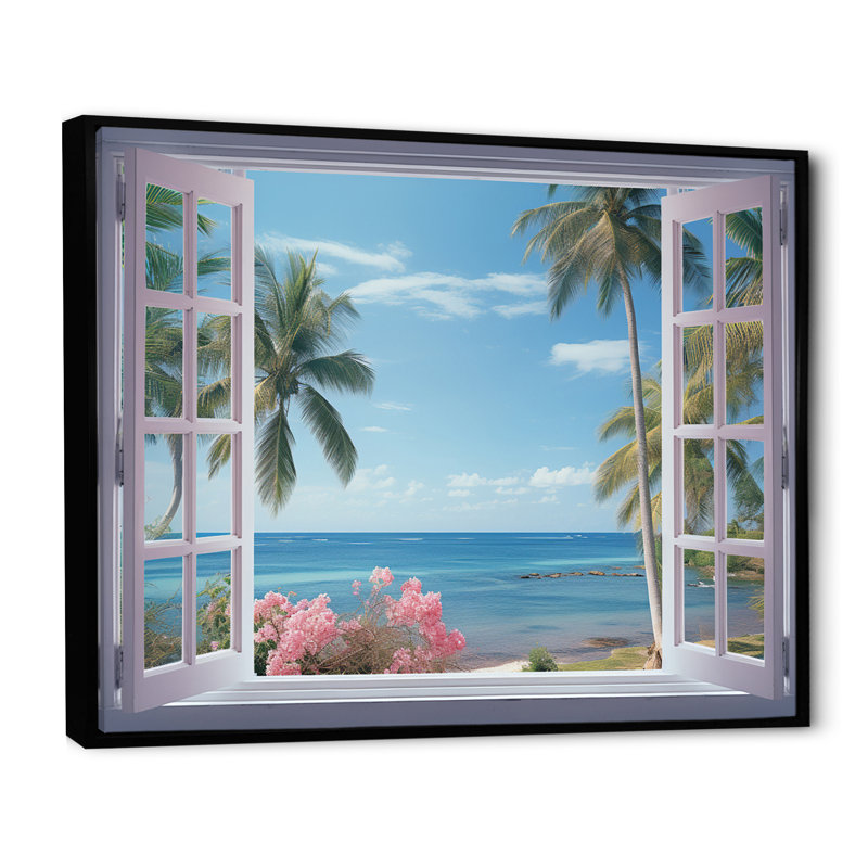 Vue sur l'océan tropical à travers une fenêtre blanche ouverte - art mural sur toile côtière, H 12 po x l 20 po x P 1 po