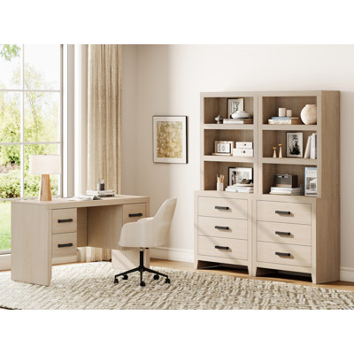 Ensemble de bureau de ferme 2 pièces avec bureau de direction de 54 po et bibliothèques de rangement, ensemble de mobilier de bureau personnel avec prise de courant, 4 tiroirs et 6 bibliothèques pour la salle d'étude