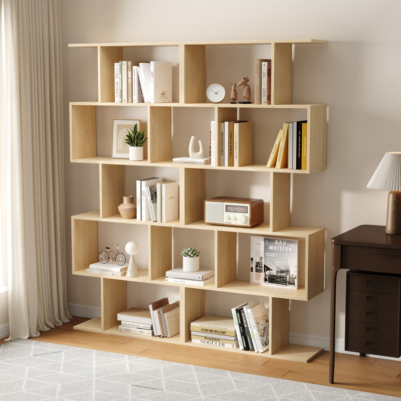 5-tier Geometric Bookcase, S-shaped Modern Bookshelf Set Of 2, 62.6" Tall Room Divider Book Shelf, Decorative Display Shelf