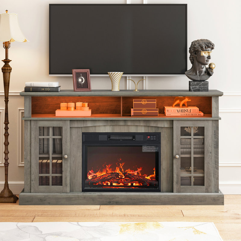 Rustic Electric Fireplace TV Stand With Glass-Door Cabinets, Adjustable Shelves & 22-Level Temperature Control, Gray