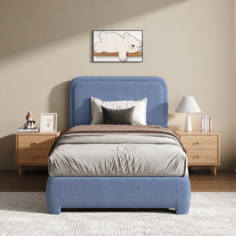 Lit plateforme tapissier Bensu Boucle, Lit simple, Bleu