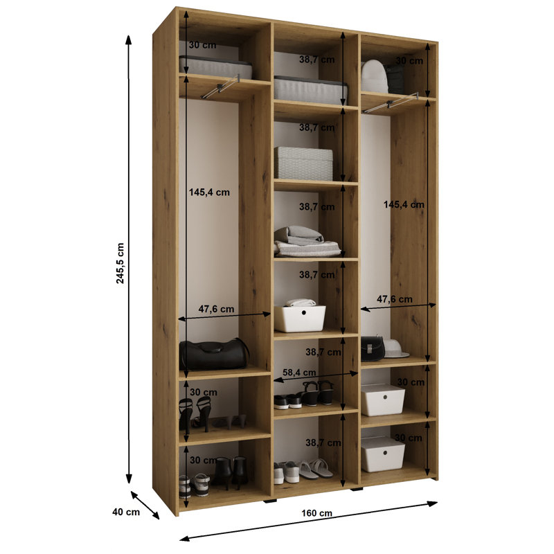 3 Door Manufactured Wood Wardrobe, 245.5 cm H x 160 cm W x 40 cm D, White Matt/Gold