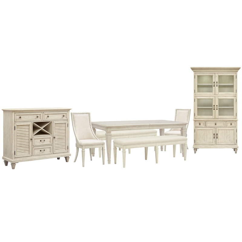 Extendable Rectangular Dining Table With 2 Benches 2 Arm Chairs Server And Dining Cabinet