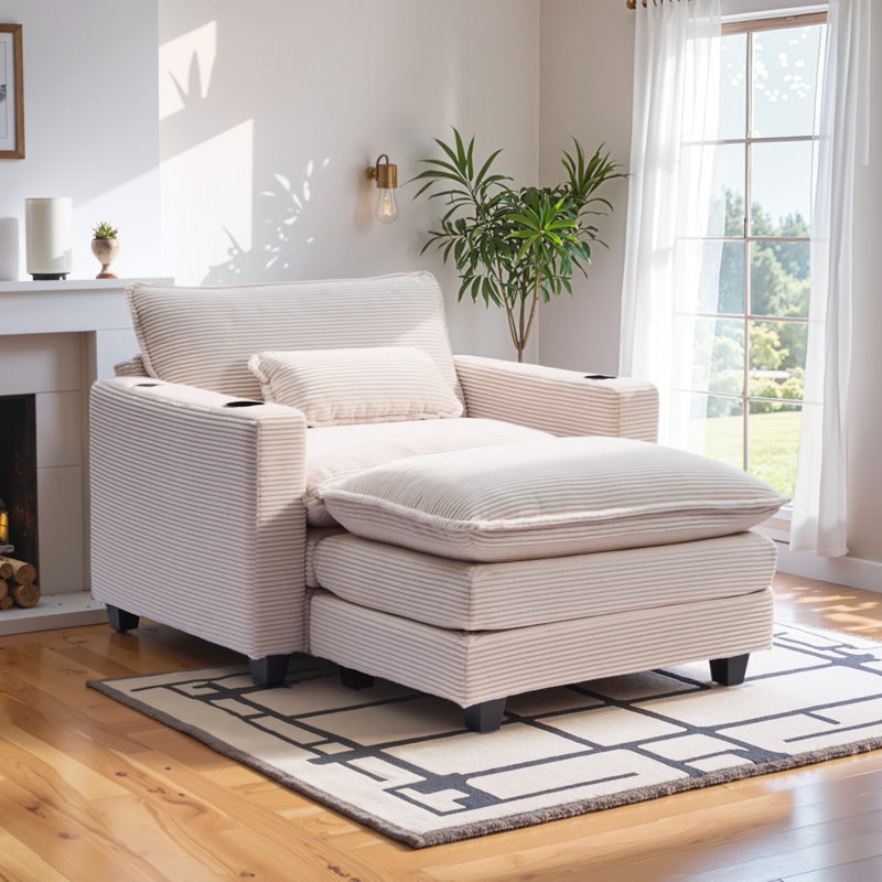 Corduroy Oversized Chair With Ottoman - 41" W Comfy Accent Chair With Usb Port, Single Sofa Chair With Cup Holders, Large Upholstered Armchair With Deep Seat Lounge Chair For Living Room