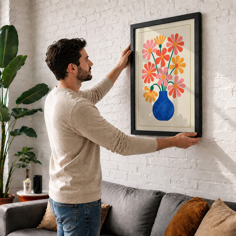 Blooms in Cobalt Mid-Century - Framed Print, Walnut, A4 - 29.7 x 21.0 cm