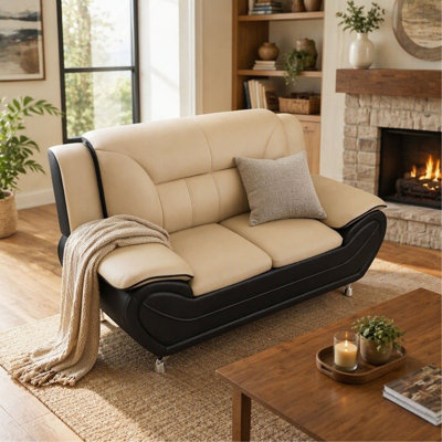 Canapé contemporain moderne en similicuir reconstitué avec accoudoirs rembourrés et pieds en acier inoxydable, mobilier rembourré minimaliste pour salon et appartement, camel et noir