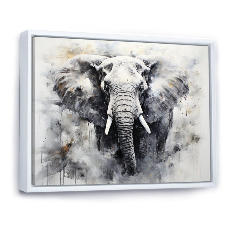 Noir et blanc doux éléphants géants, H 16 po x l 32 po x P 1 po, Cadre flottant blanc
