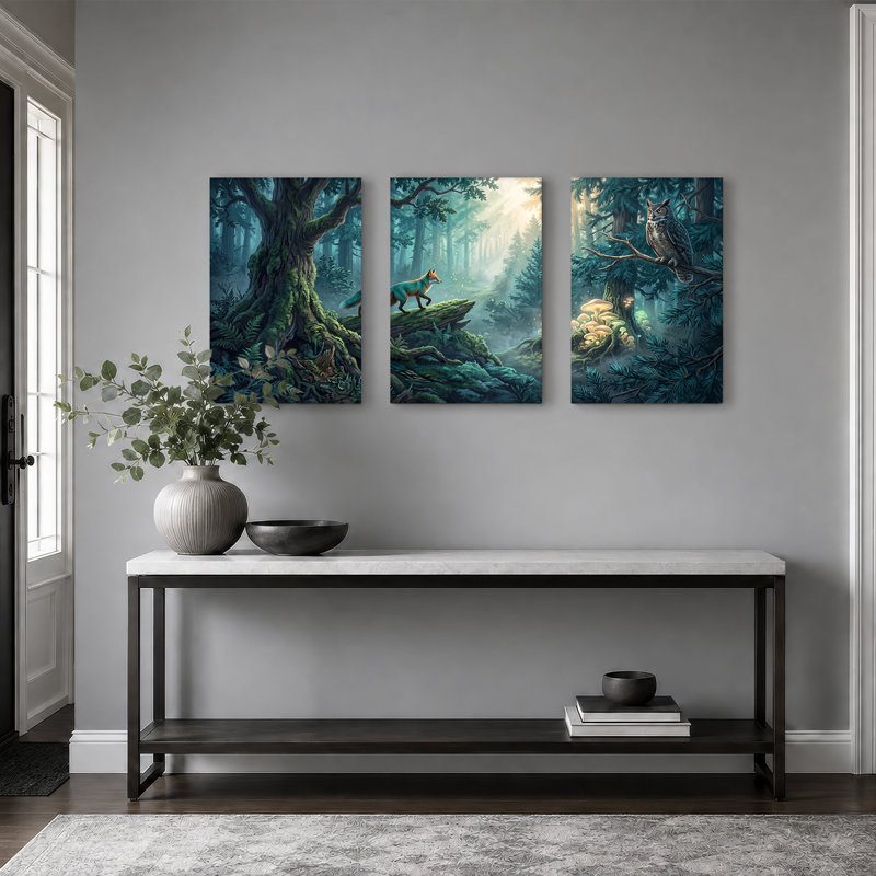 Renard et hibou dans une forêt bleue avec des champignons lumineux, art mural sur toile, H 24 po x l 16 po x 3 pièces
