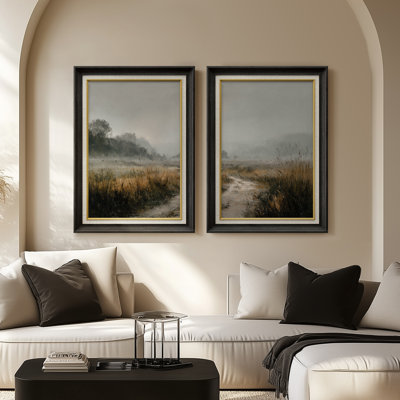 «Foggy Meadow Path Moody Natural Rustic», ensemble de 2 reproductions d'art encadrées sur papier de qualité supérieure 26 po x 36 po