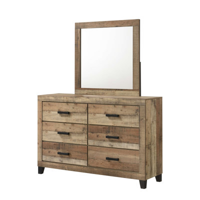 Commode Biloxi avec miroir en bois naturel antique - rangement à 6 tiroirs avec queue d'aronde anglaise pour les chambres à coucher modernes