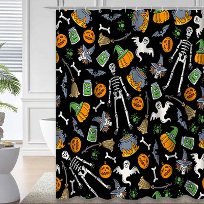 Halloween Color Fabric Autumn Black Shower Curtain with 12 Hooks