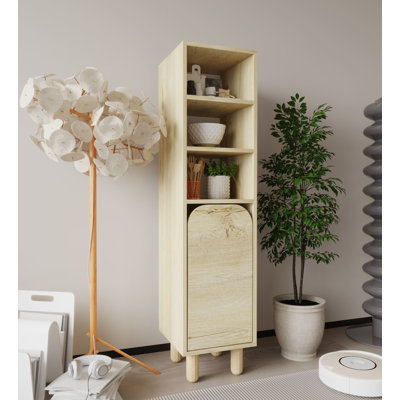 Armoire polyvalente avec pieds en bois, chêne saphir, 14,6 po x 61,0 po x 15,7 po | Panneau de particules 100% mélaminé, capacité de charge de 66,1 lb, nombreuses tablettes, fixation murale | Design scandinave moderne pour la maison et le bureau