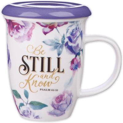Rose Floral Ceramic Coffee Mug With Purple Lid –  Lead And Cadmium-Free Inspirational Scripture Coffee And Tea Mug For Women With Bible Verse: Be Still And Know