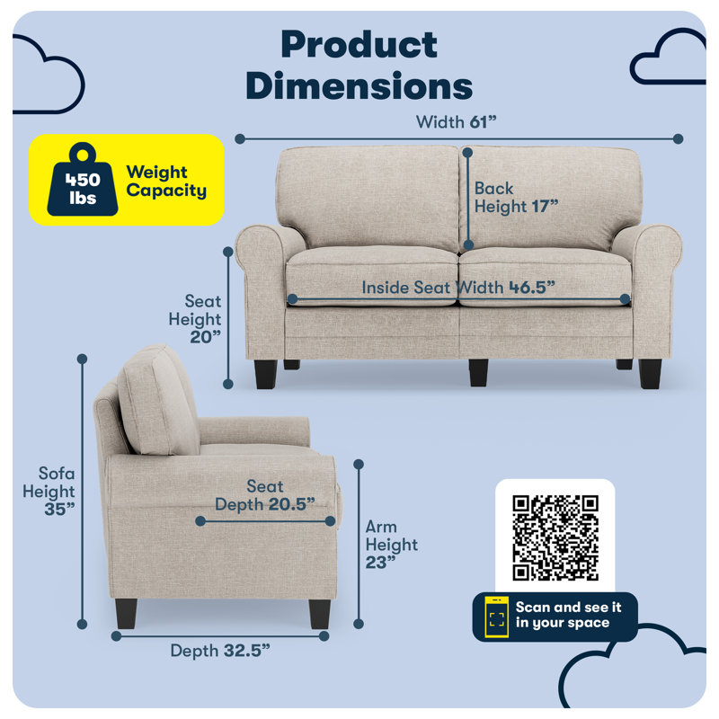 Serta Copenhagen 61-Inch Rolled Arm Loveseat with Easy-Care Fabric and Pillow Back, Light Gray Polyester Blend