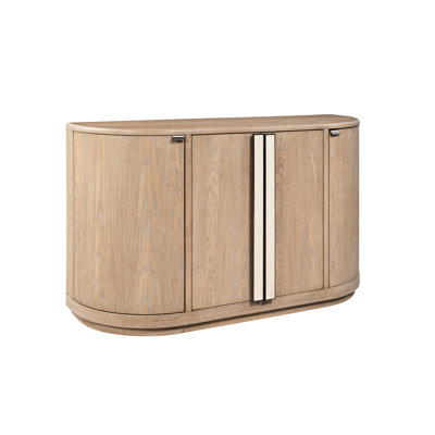 Desserte caramel avec un profil en demi-lune gracieux, un placage de chêne chaud, des poignées en pierre attrayantes, un espace de rangement spacieux, des charnières à fermeture en douceur, de la quincaillerie personnalisée distinctive, du bois massif beige et un produit,