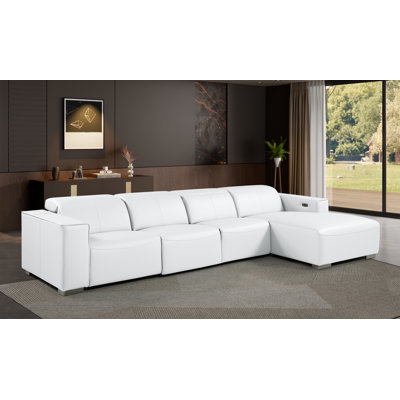 White Right-Facing 4-Piece L-Shaped Sectional In Genuine Leather With 2 Power Recliner & Adjustable Headrests – Open Seating Design