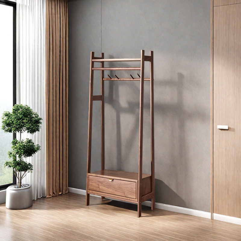 Compact Coat Rack with Large Storage, Dark Walnut