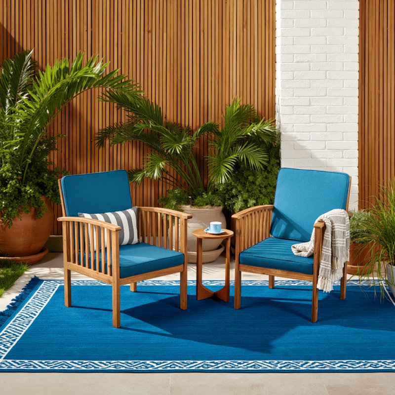 Gerry Outdoor Club Chair Set Of 2, Slatted Design, Brown Wood, Blue, Blue Cushion/Natural Frame