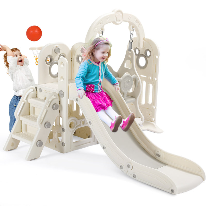 6 in 1 Toddlers Slide and Swing Set, Kids Slides w/Climber, Storage, Basketball Hoop, Ball, Suction Cup Reinforced