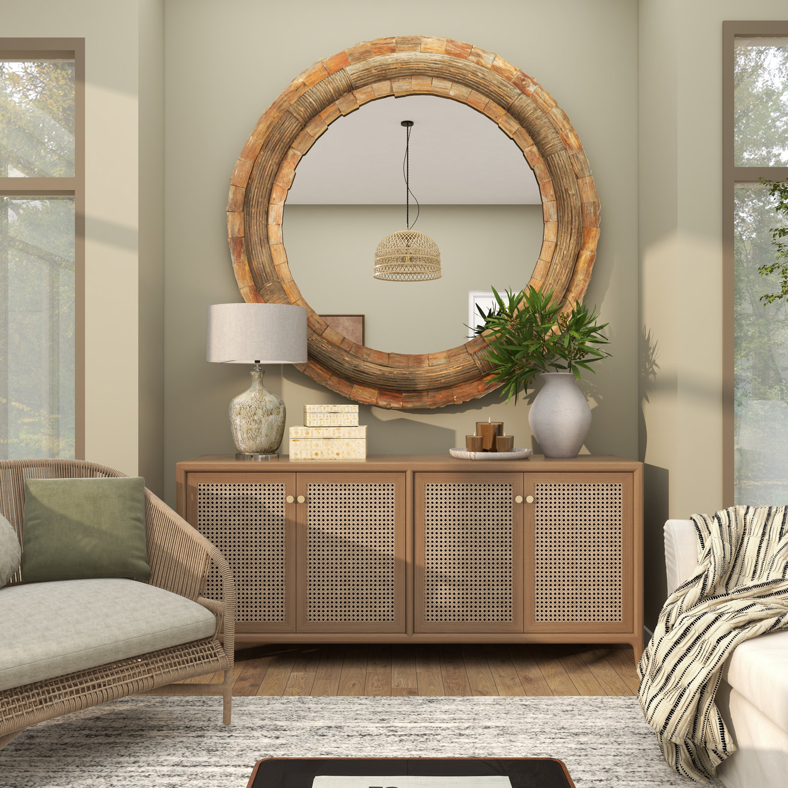 Wood Large Room Wall Mirror with Layered Wood Chip and Stick Design