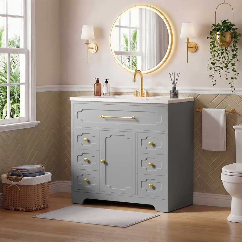 36" Freestanding Bathroom Vanity with Single Ceramic Sink, 6 Drawers & Adjustable Shelf, Gray