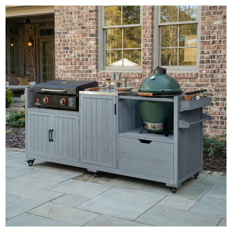 Îlot de cuisine extérieur 80,5 po K&K pour Big Green Egg et plaque chauffante Blackstone