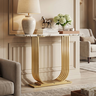 43" Modern Narrow Console Table With Faux Marble Top & Gold Metal Frame, Slim Accent Table For Entryway