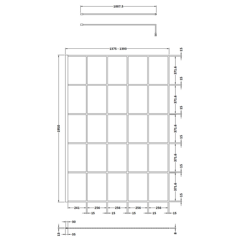 Framed Wet Room Glass Screens with Pattern Glass, 195cm H x 140cm W x 1.4cm D