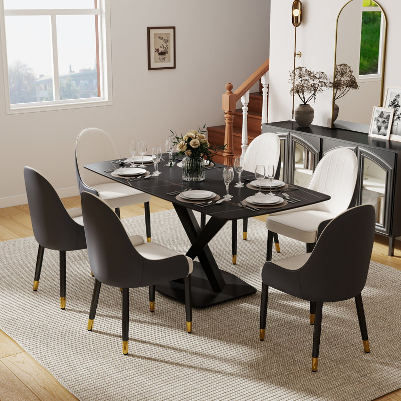 Ensemble de table de salle à manger en pierre frittée pour 6 personnes Zyrell, Noir, noir, noir, noir, Café / blanc