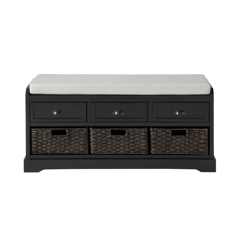 Banc d'entrée pour chaussures avec tiroirs et panier en rotin, Noir