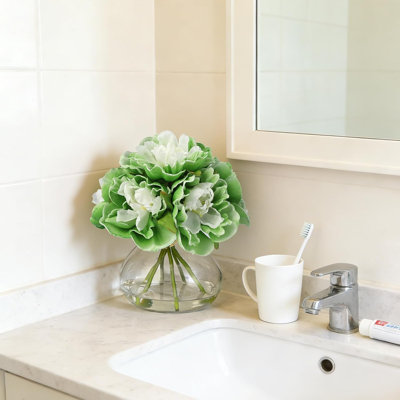 Green PU & Silk Artificial Peonies In Glass Vase With Faux Water For Home Decor