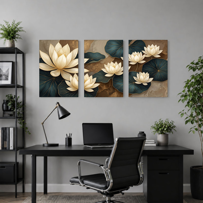 Fleurs de lotus crème avec feuilles bleu sarcelle, ensemble de 3 toiles, H 18 po x l 12 po x 3 pièces