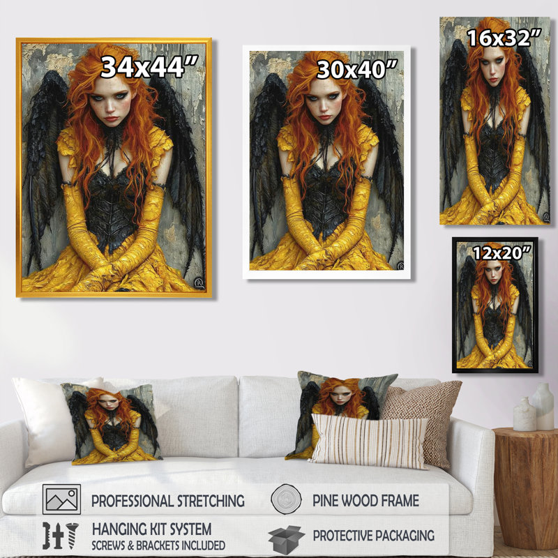 Art mural de salon gothique rousse Pixie Black Wings - ailes d'ange, Cadre flottant noir, H 20 po x l 12 po