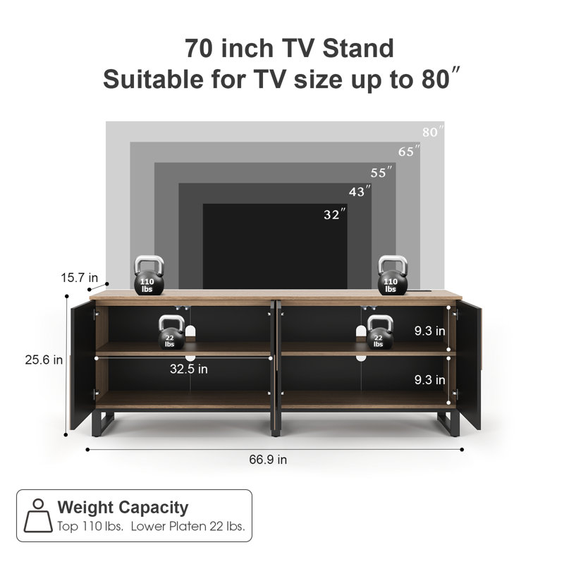 70" TV Stand with Power Outlet, Black Large TV Stands for 75 Inch TV, Entertainment Center with Storage and Adjustable Shelf