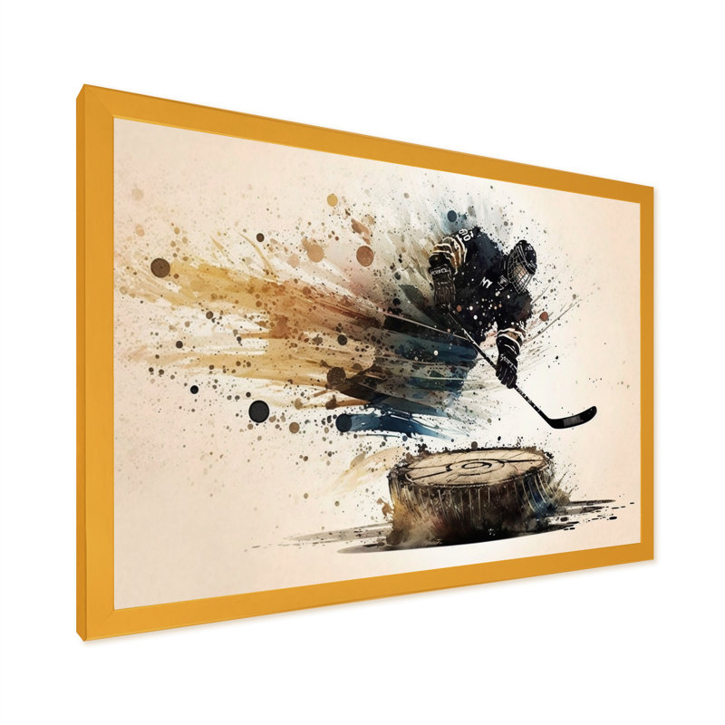 Joueur de hockey frappant une rondelle, Impression dorée sur toile encadrée, H 30 po x l 40 po x P 1,5 po