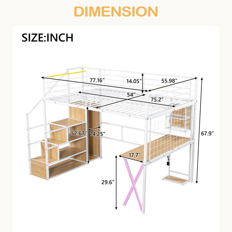 Lit mezzanine en métal avec poste de travail intégré, garde-robe, escalier de rangement et DEL, Lit double