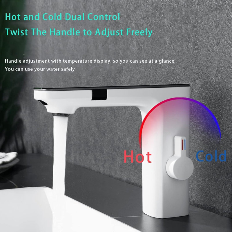 AlenArtWater Bathroom Faucet LED Digital Display Touchless Sensor Activation Single-Handle Mixer Hot & Cold Water Mixing