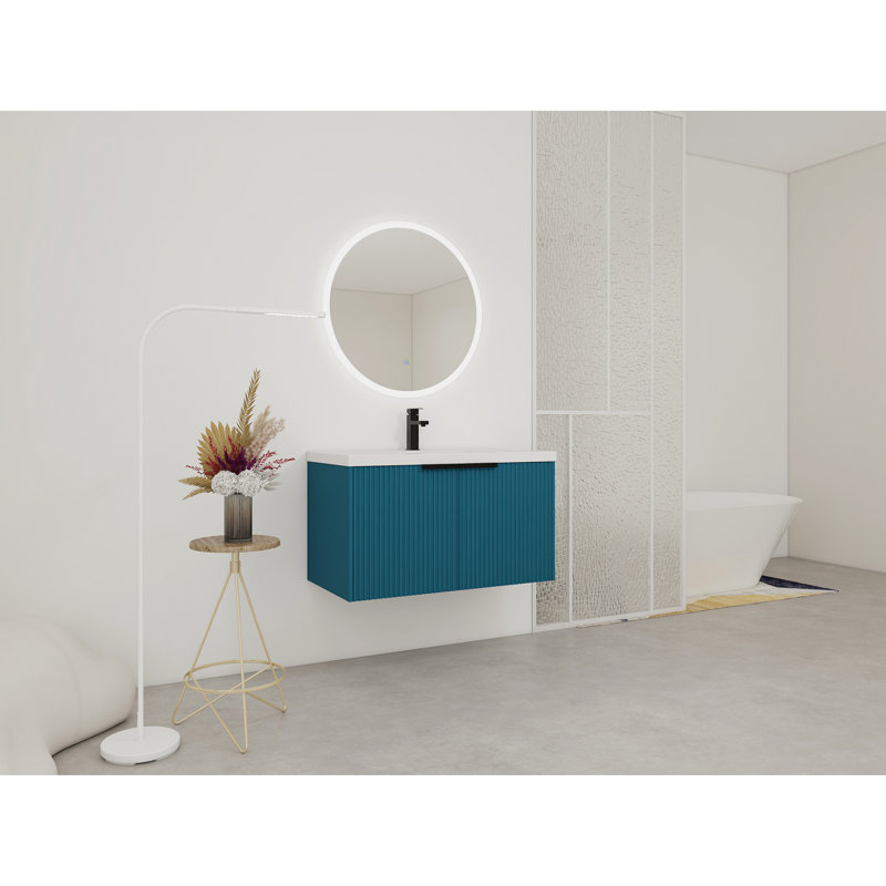 Meuble-lavabo mural 36 po avec lavabo en résine et 2 portes à fermeture en douceur, Bleu lac