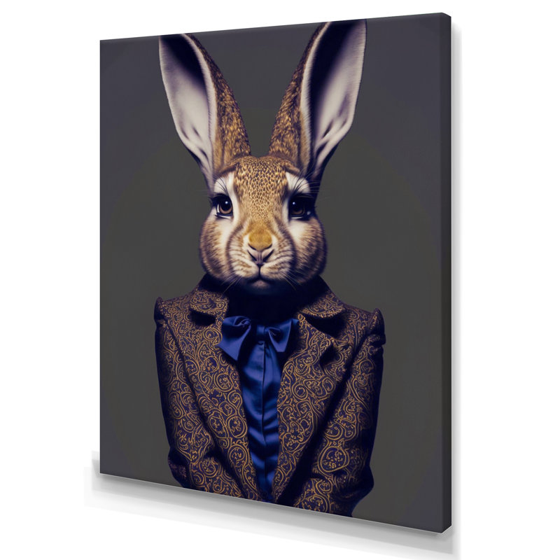 Fancy Rabbit In A Gray and Blue - Reproduction sur toile encadrée de lapin, H 20 po x l 12 po x P 1 po, Toile tendue